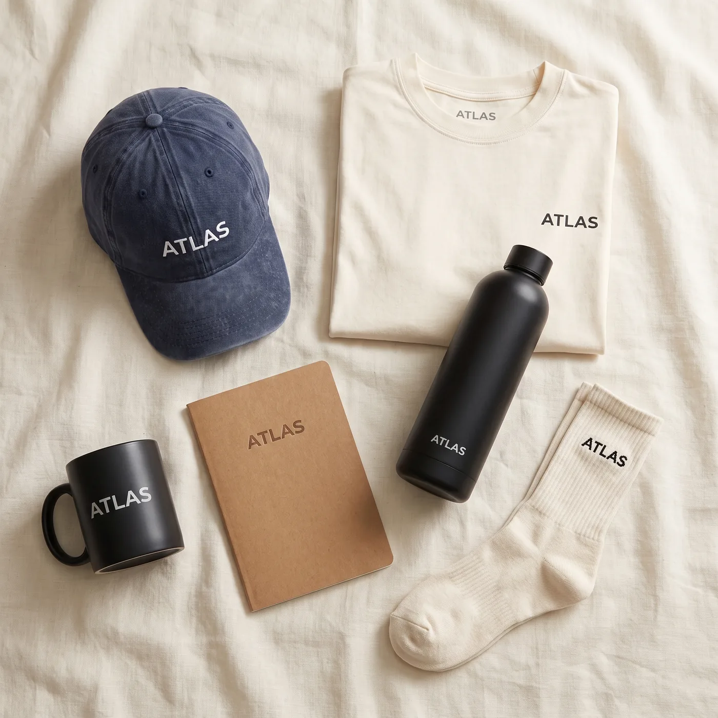 ATLAS kit flat lay on linen: washed navy cap, cream tee, black bottle, black mug, kraft notebook and cream socks, all embroidered ATLAS