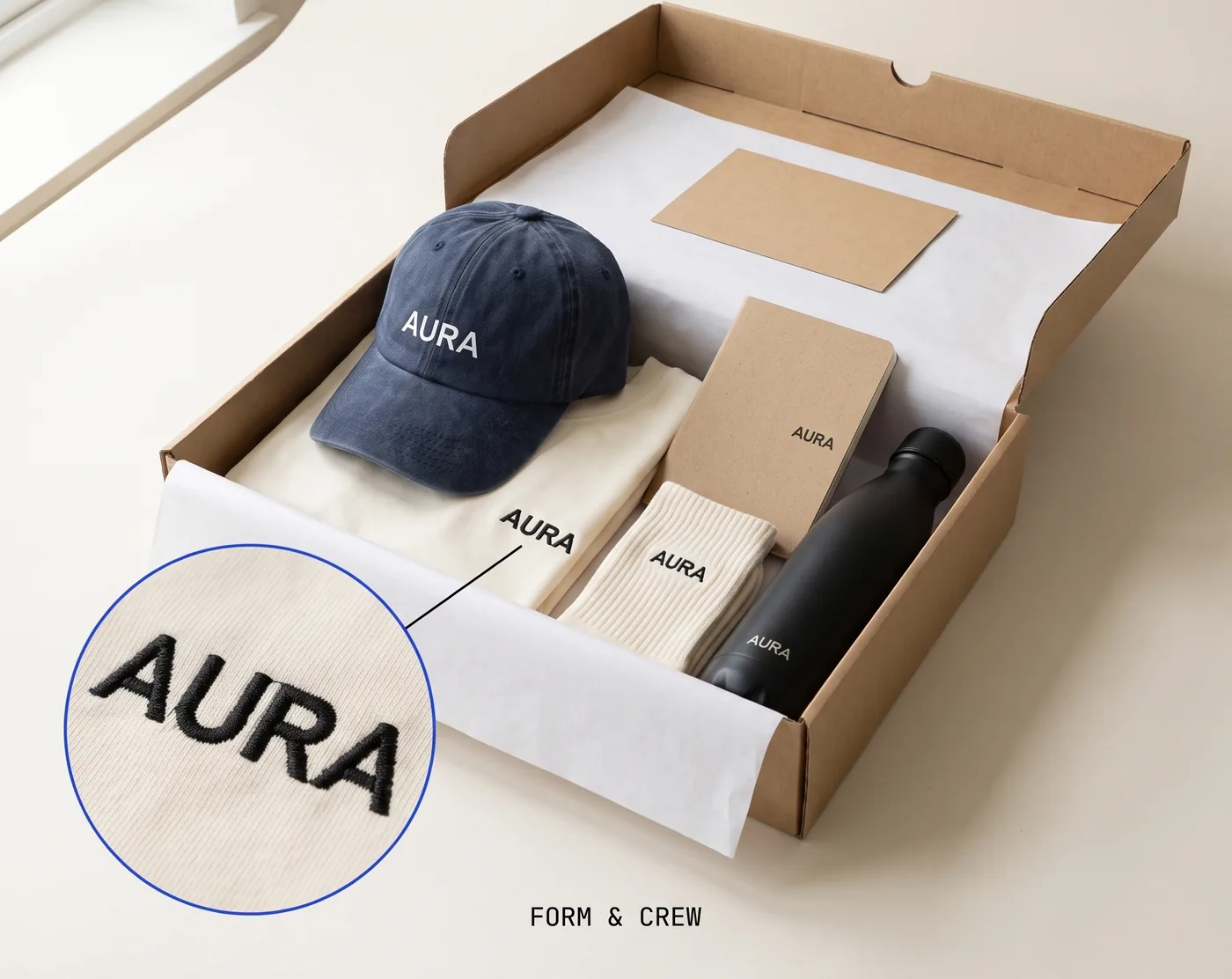 AURA onboarding box: navy cap, cream tee, socks, kraft notebook and black bottle packed in a kraft mailer with embroidery detail