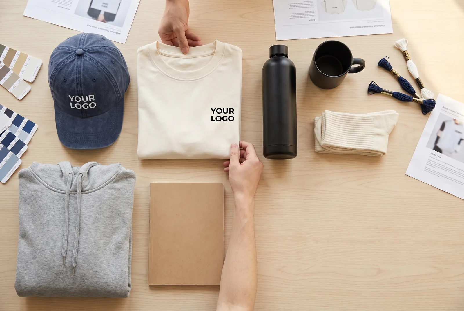Design session: full merch kit with YOUR LOGO cap and tee among swatches and thread cones