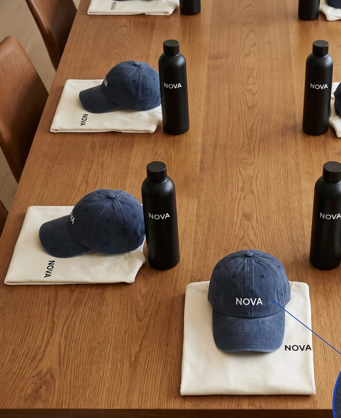 Conference table set with NOVA kits: folded tees, caps and black bottles at each seat
