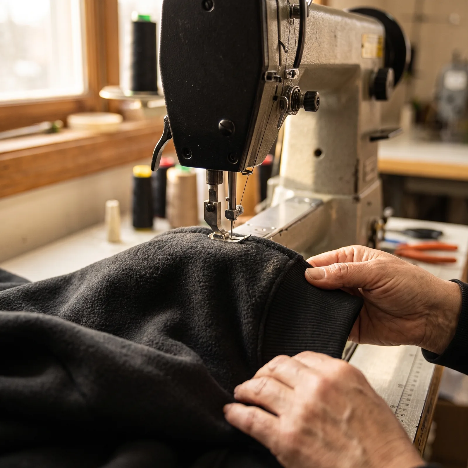 Hands guiding a black fleece crewneck through an industrial sewing machine