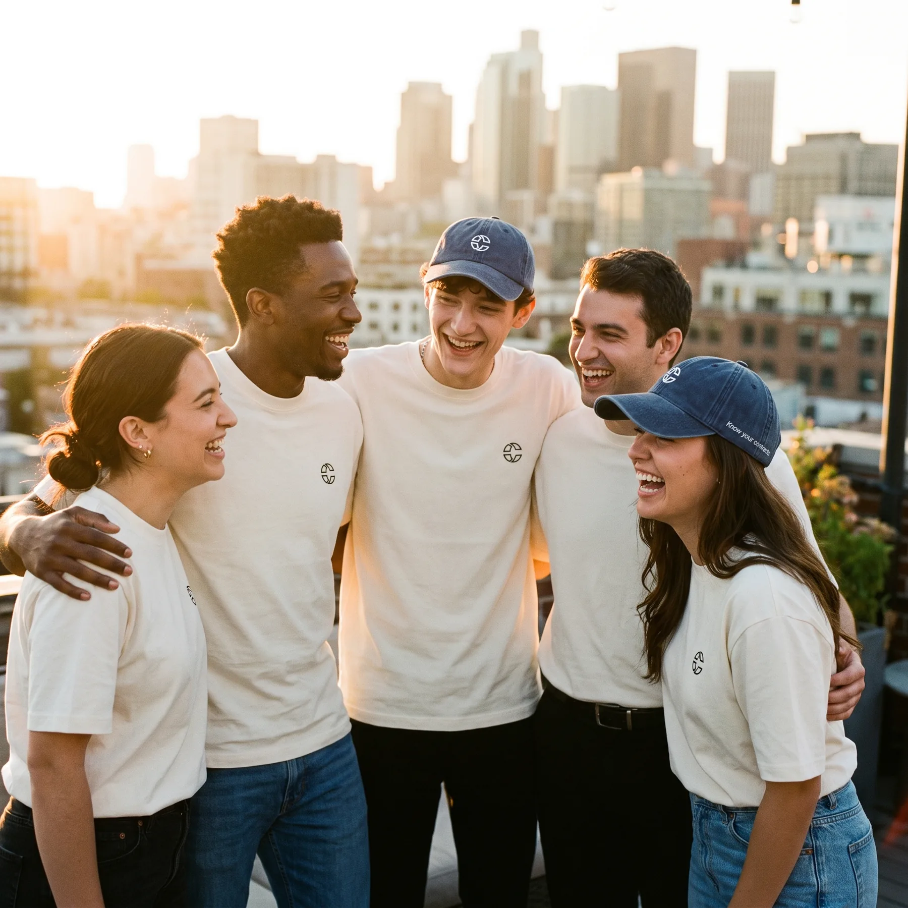 Five teammates in matching cream tees and navy caps laughing on a rooftop at golden hour